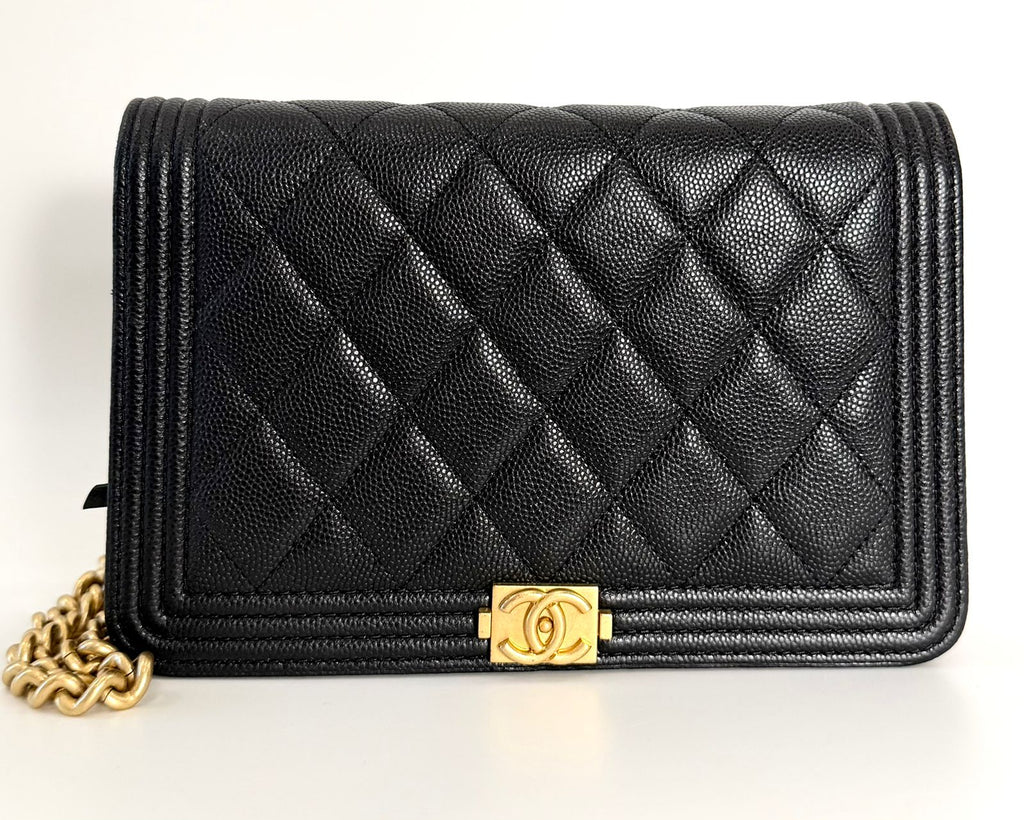CHANEL GRAINED SHINY CALFSKIN LEATHER BOY WALLET ON CHAIN
