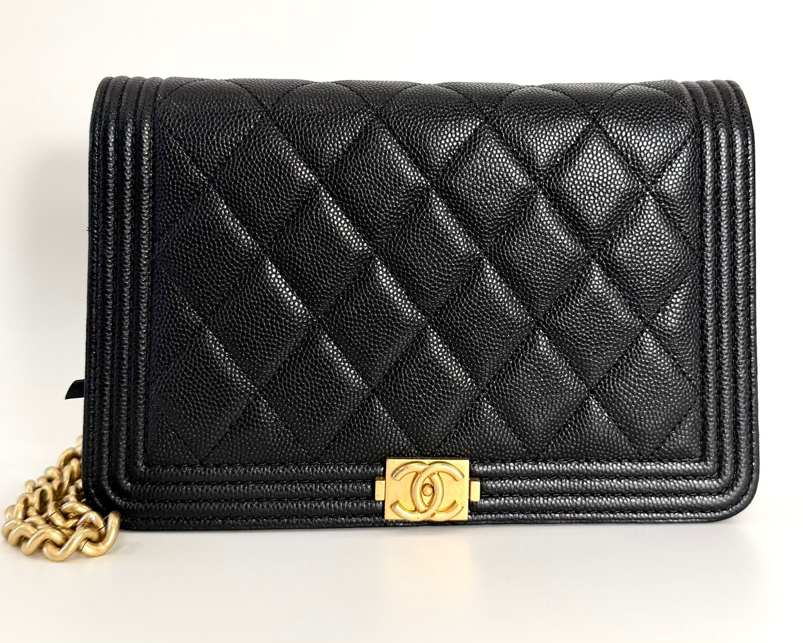 CHANEL GRAINED SHINY CALFSKIN LEATHER BOY WALLET ON CHAIN