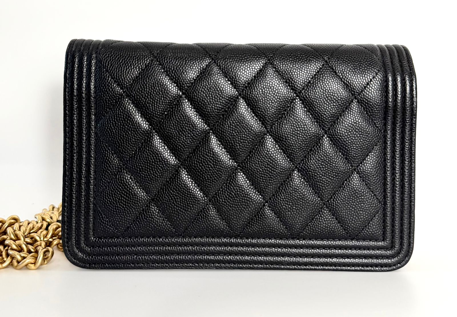 CHANEL GRAINED SHINY CALFSKIN LEATHER BOY WALLET ON CHAIN