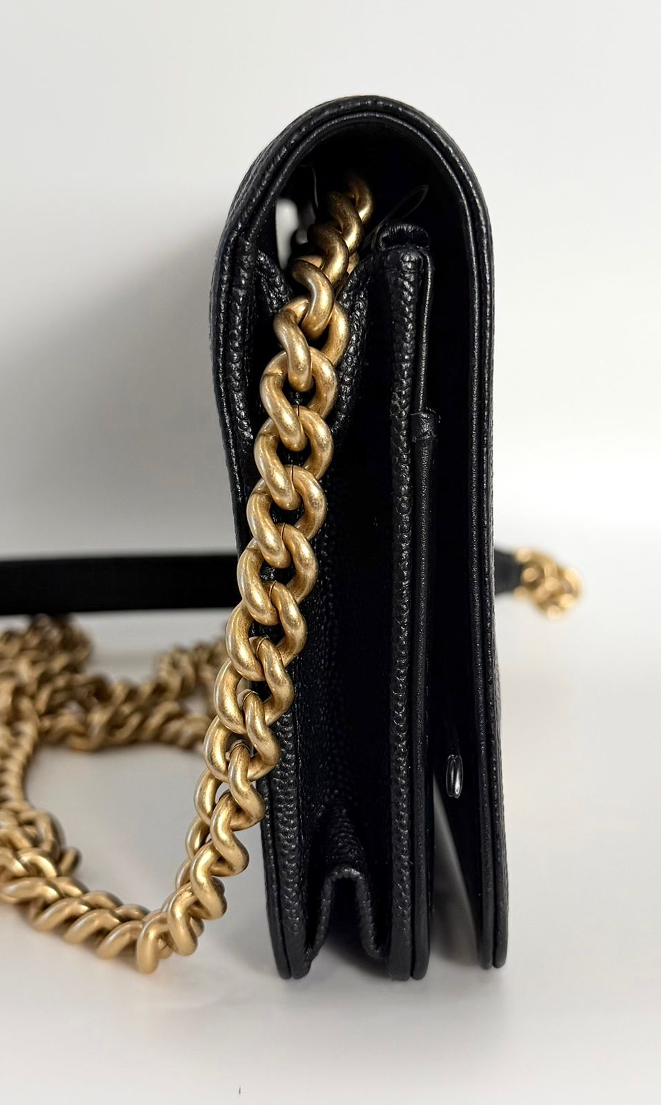 CHANEL GRAINED SHINY CALFSKIN LEATHER BOY WALLET ON CHAIN