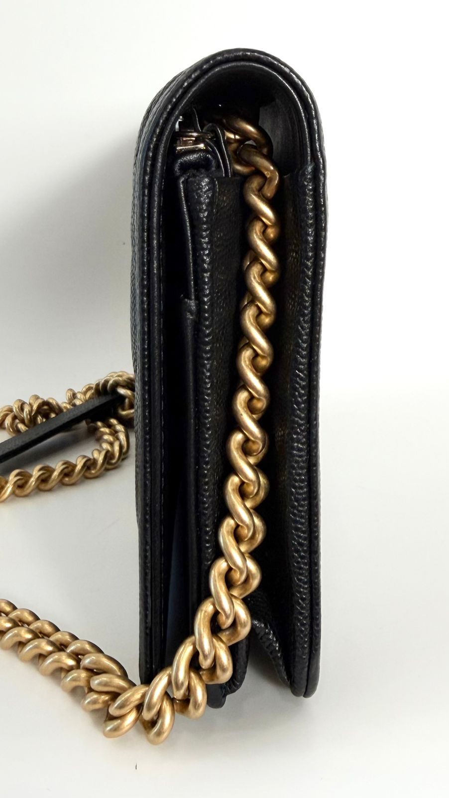CHANEL GRAINED SHINY CALFSKIN LEATHER BOY WALLET ON CHAIN