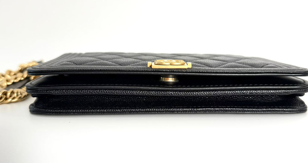 CHANEL GRAINED SHINY CALFSKIN LEATHER BOY WALLET ON CHAIN