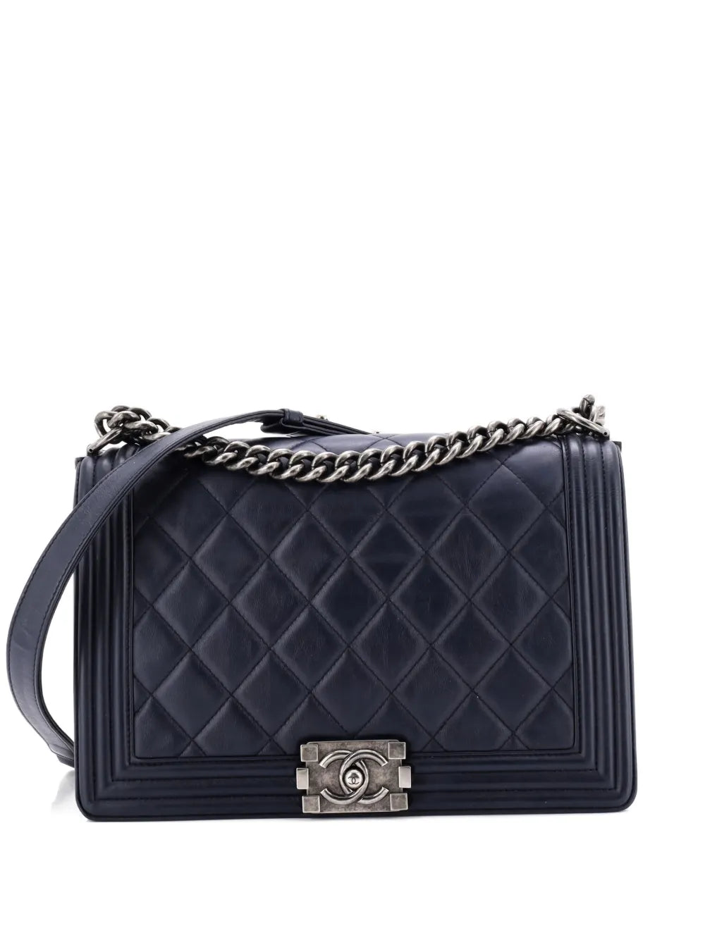 CHANEL CALFSKIN QUILTED LARGE BOY FLAP BAG IN NAVY
