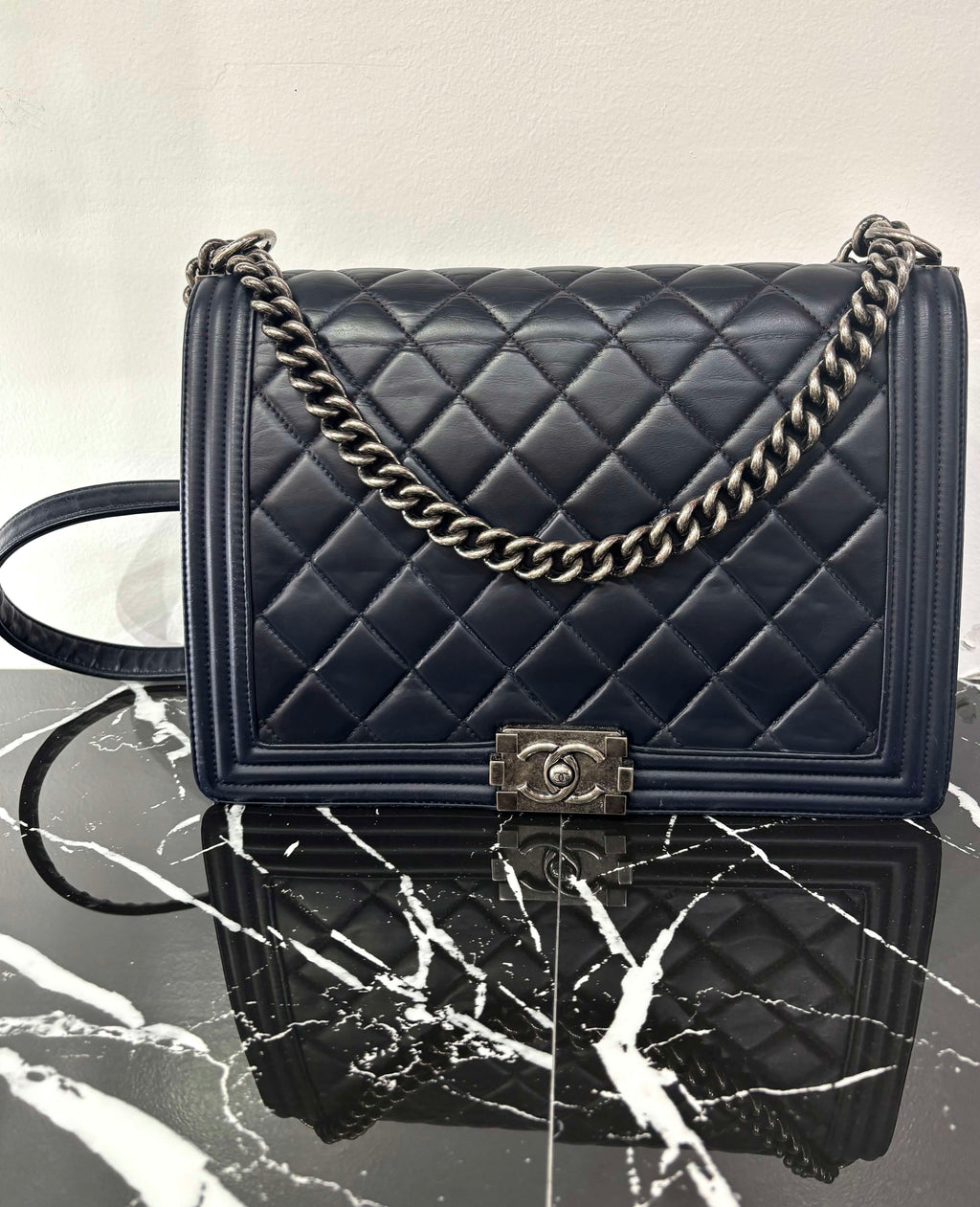 CHANEL CALFSKIN QUILTED LARGE BOY FLAP BAG IN NAVY
