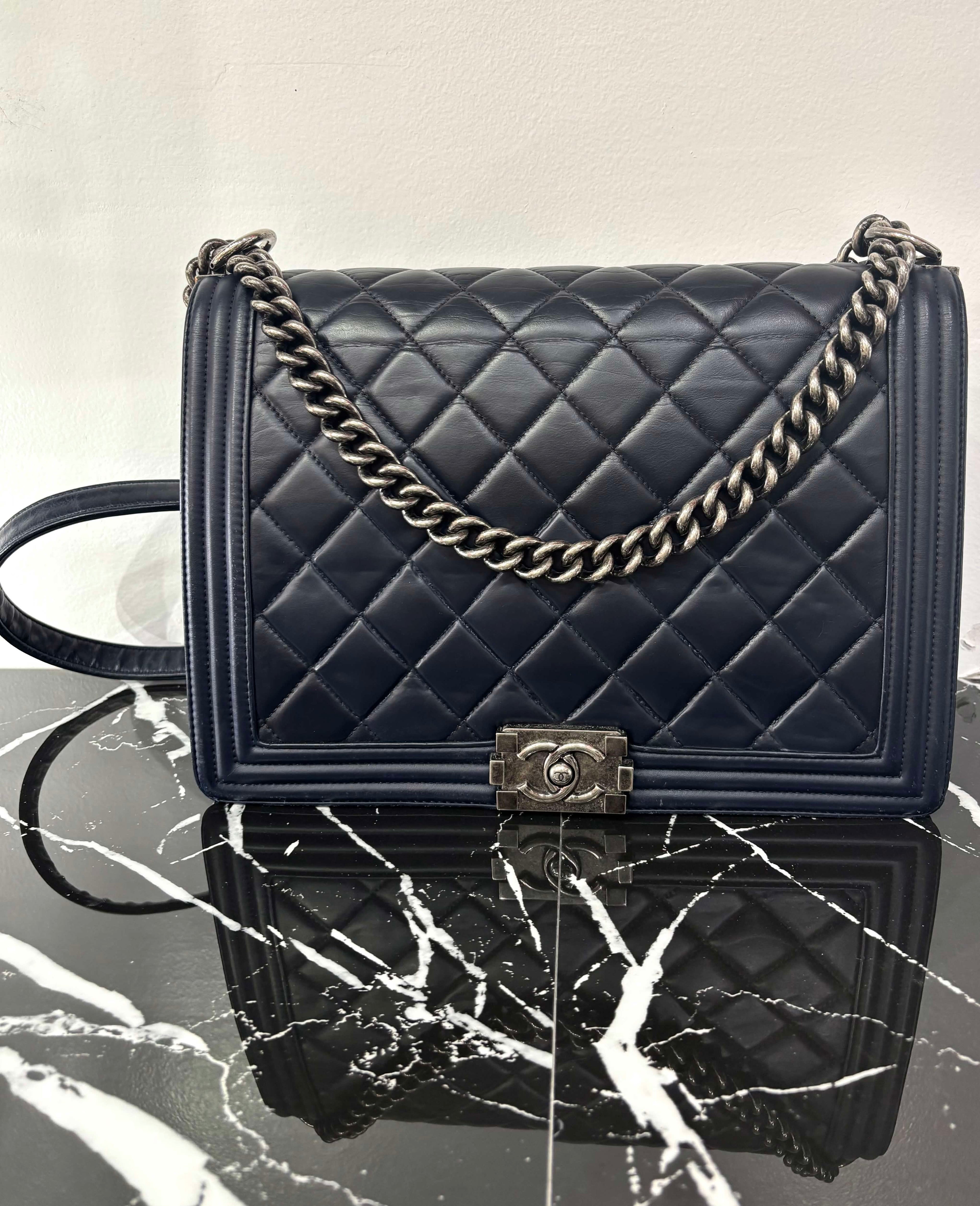 CHANEL CALFSKIN QUILTED LARGE BOY FLAP BAG IN NAVY