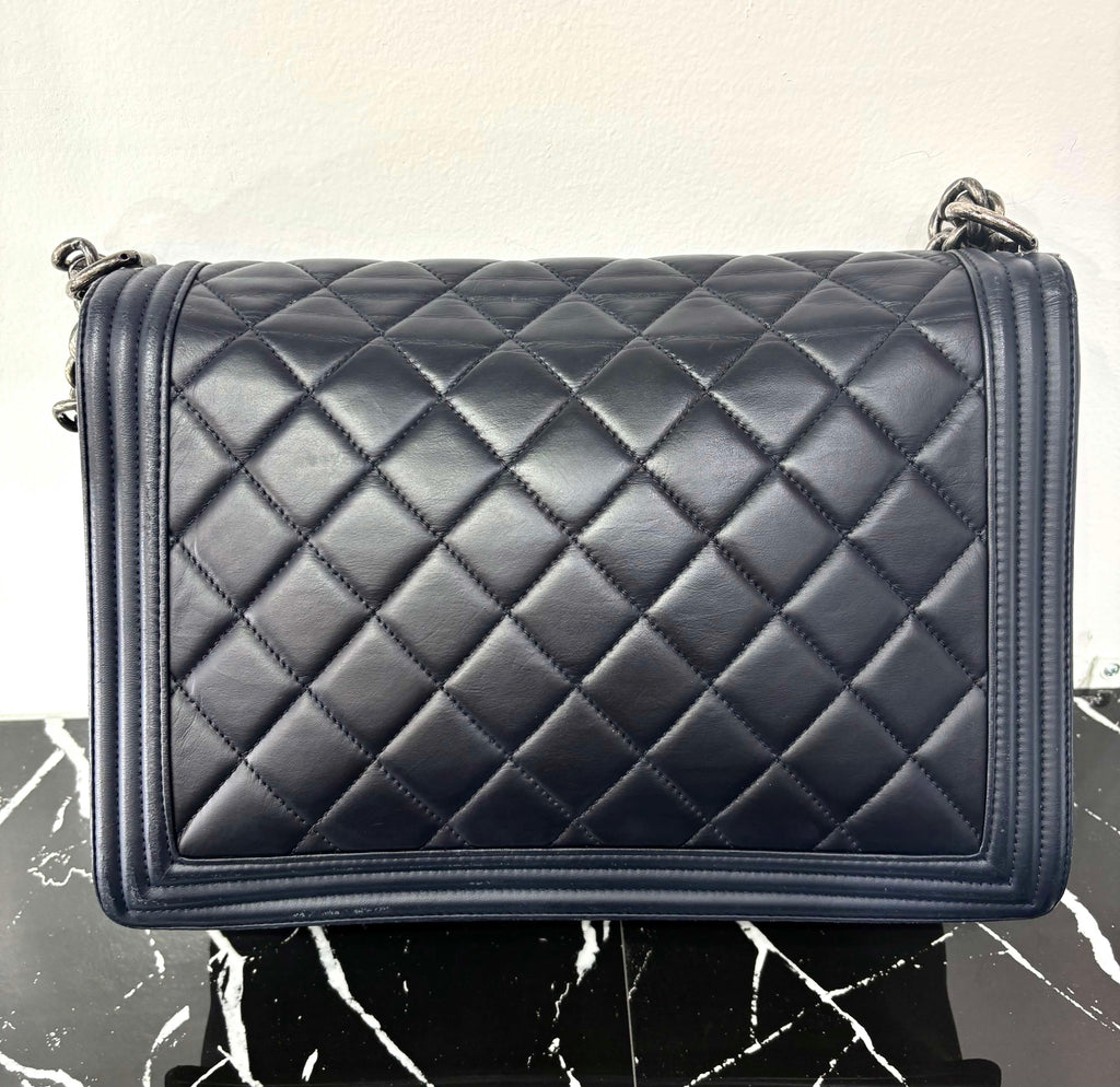 CHANEL CALFSKIN QUILTED LARGE BOY FLAP BAG IN NAVY