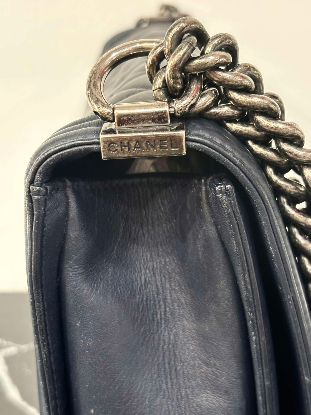 CHANEL CALFSKIN QUILTED LARGE BOY FLAP BAG IN NAVY