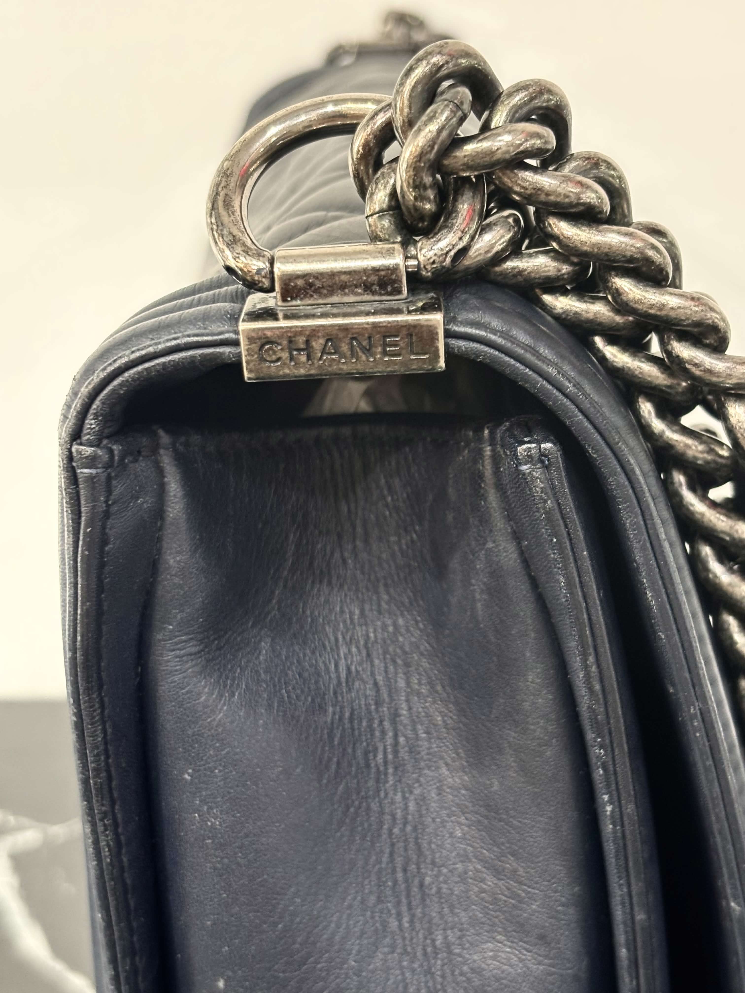 CHANEL CALFSKIN QUILTED LARGE BOY FLAP BAG IN NAVY