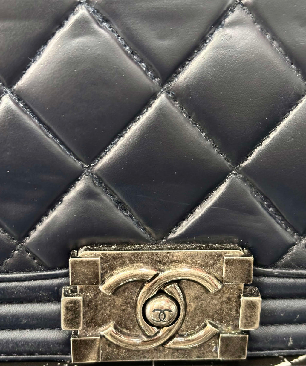 CHANEL CALFSKIN QUILTED LARGE BOY FLAP BAG IN NAVY