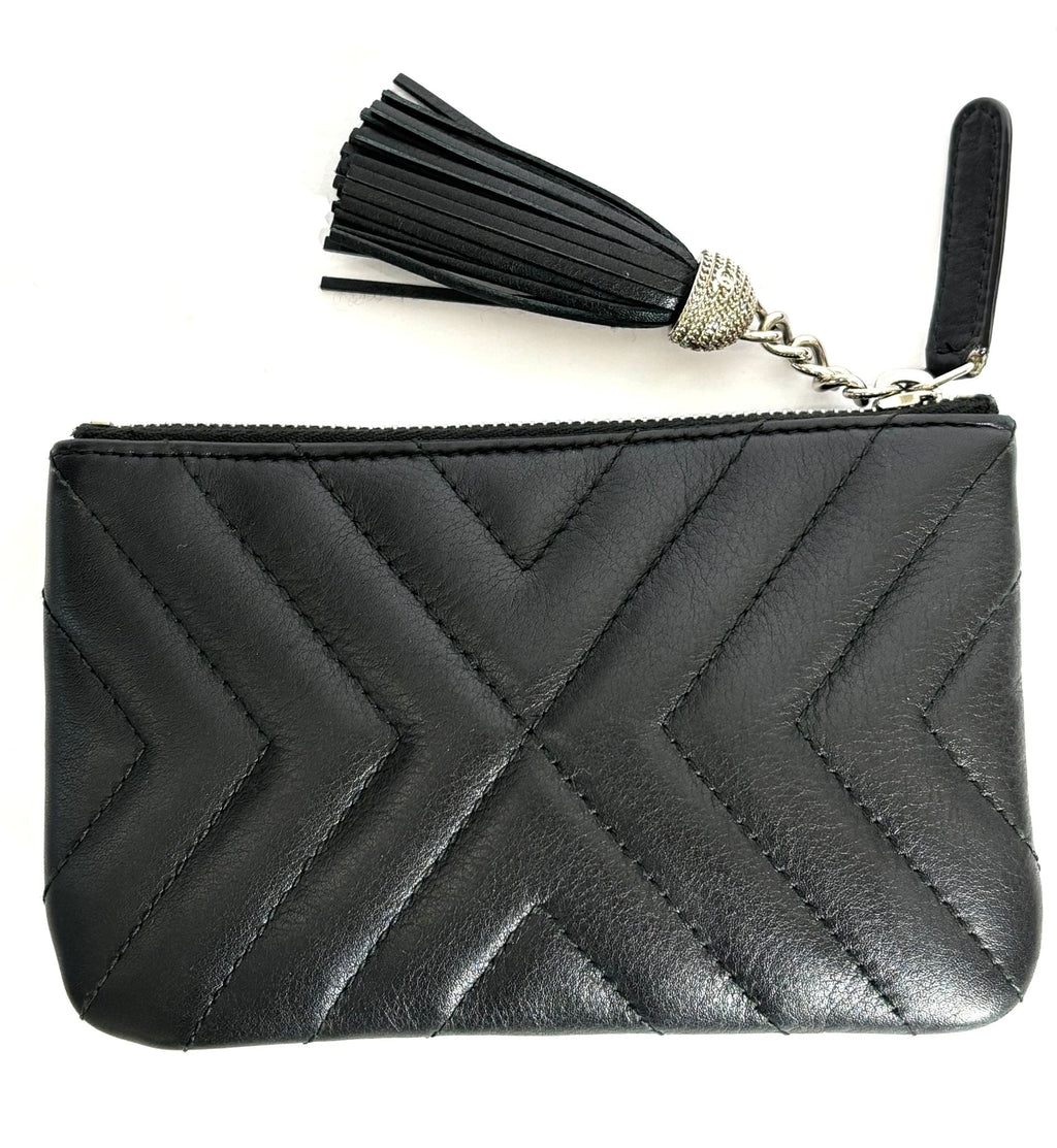 CHANEL LEATHER CHEVRON MINI TASSEL ZIP POUCH