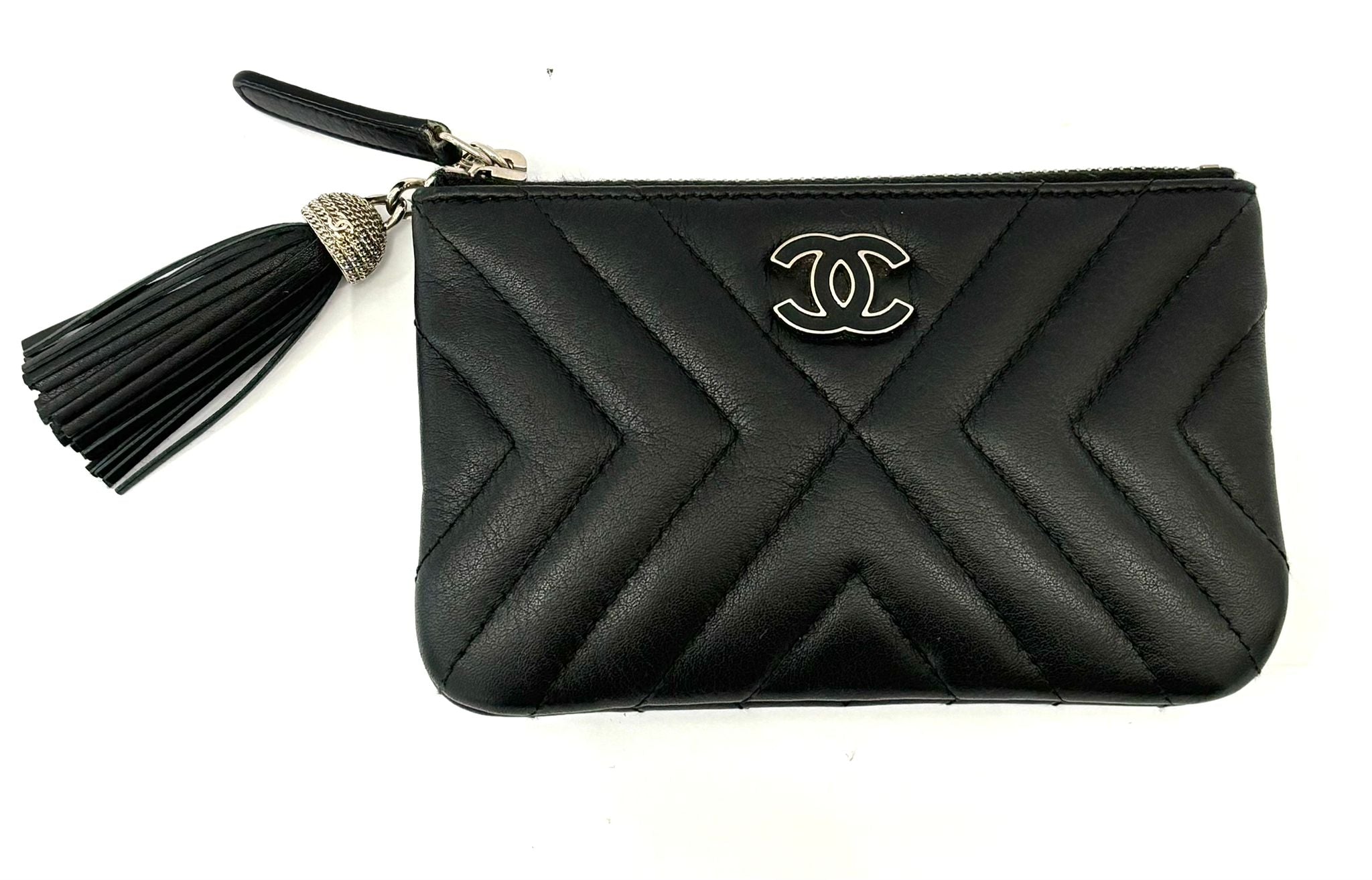 CHANEL LEATHER CHEVRON MINI TASSEL ZIP POUCH