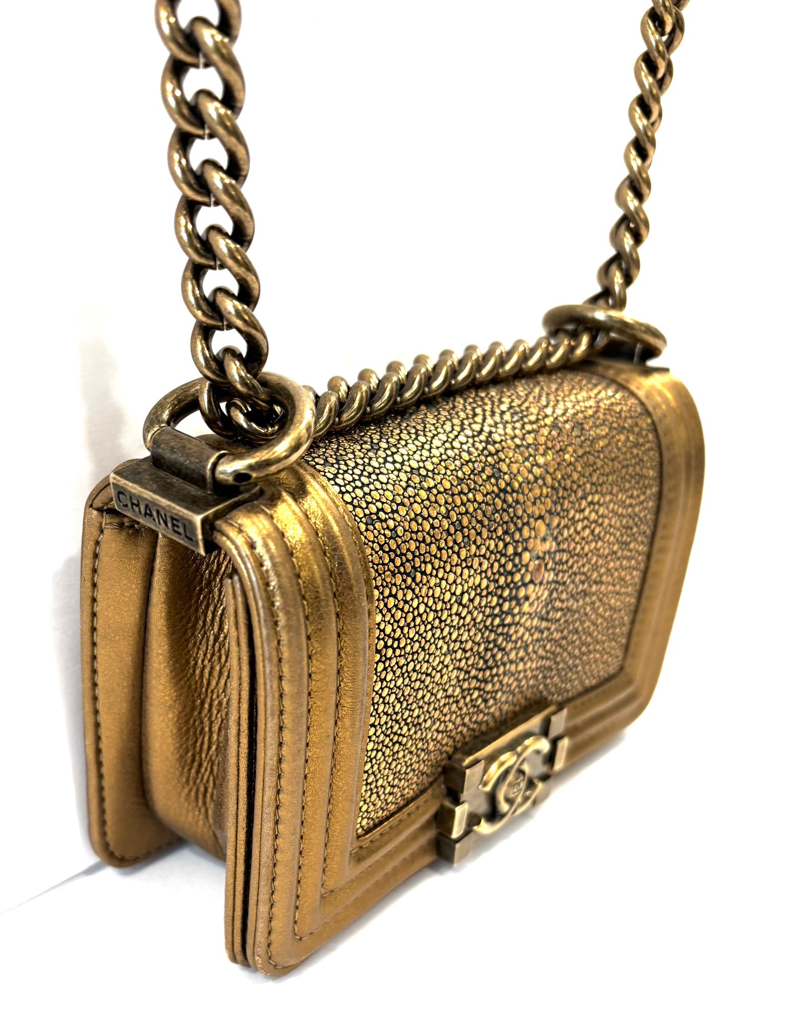 CHANEL METALLIC GOLD GALUCHAT STINGRAY MINI BOY BAG