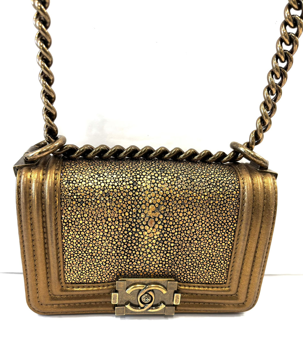 CHANEL METALLIC GOLD GALUCHAT STINGRAY MINI BOY BAG