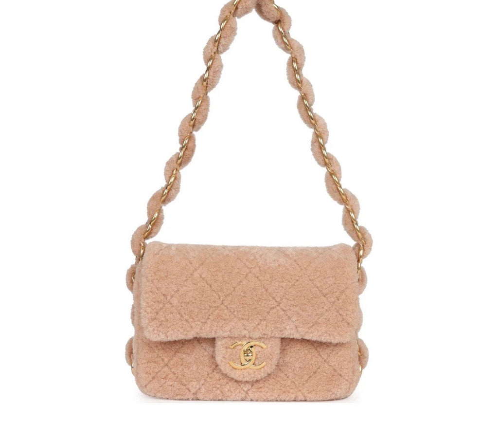 CHANEL SMALL CC LIGHT PINK SHEARLING BRUSHED GOLD HARDWARE FLAP BAG
