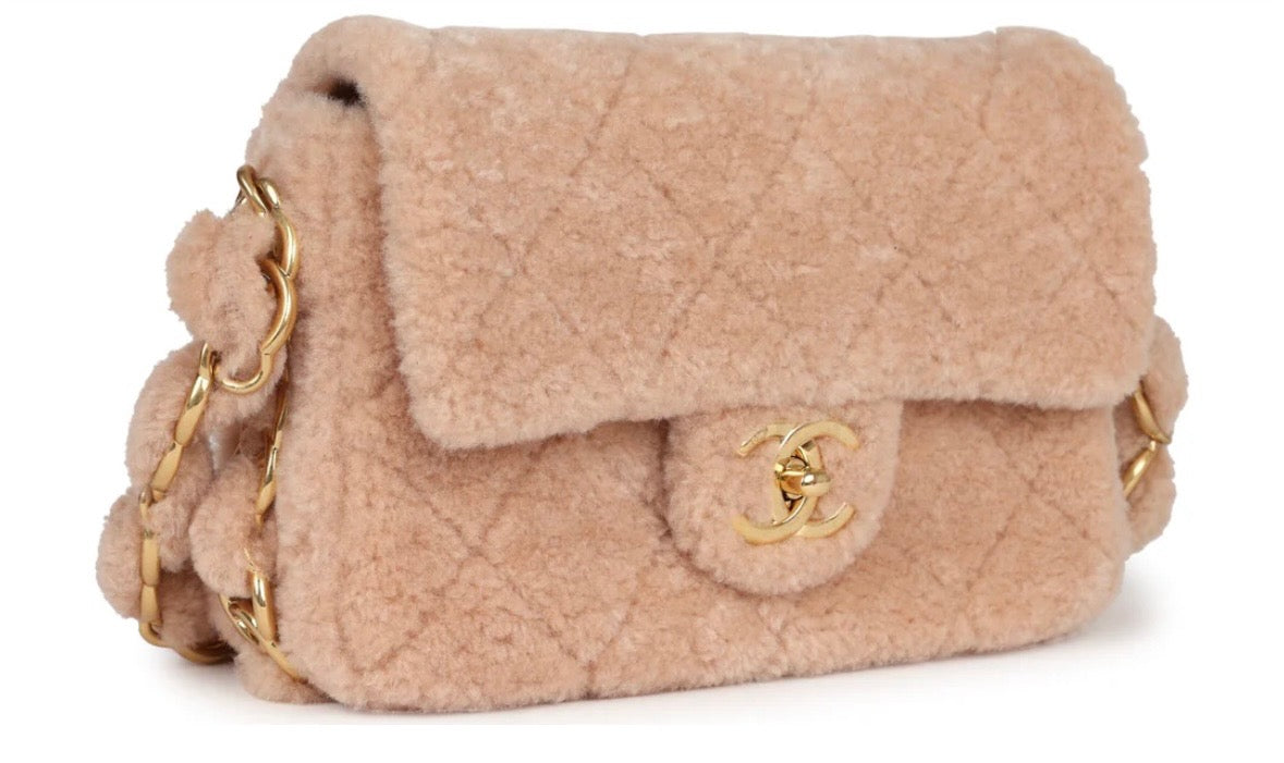 CHANEL SMALL CC LIGHT PINK SHEARLING BRUSHED GOLD HARDWARE FLAP BAG