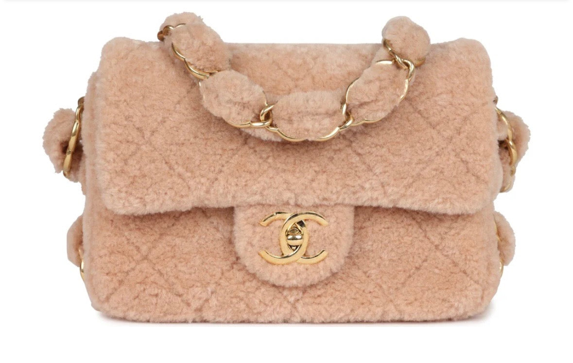 CHANEL SMALL CC LIGHT PINK SHEARLING BRUSHED GOLD HARDWARE FLAP BAG