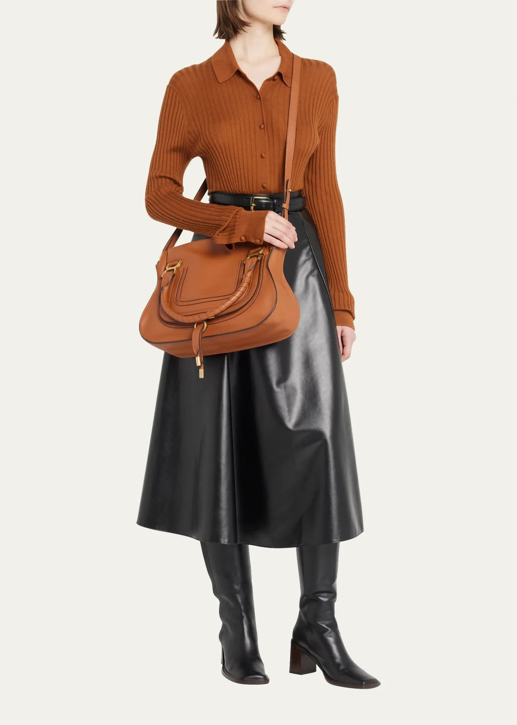 CHLOÉ MEDIUM MARCIE CALFSKIN LEATHER BAG IN TAN