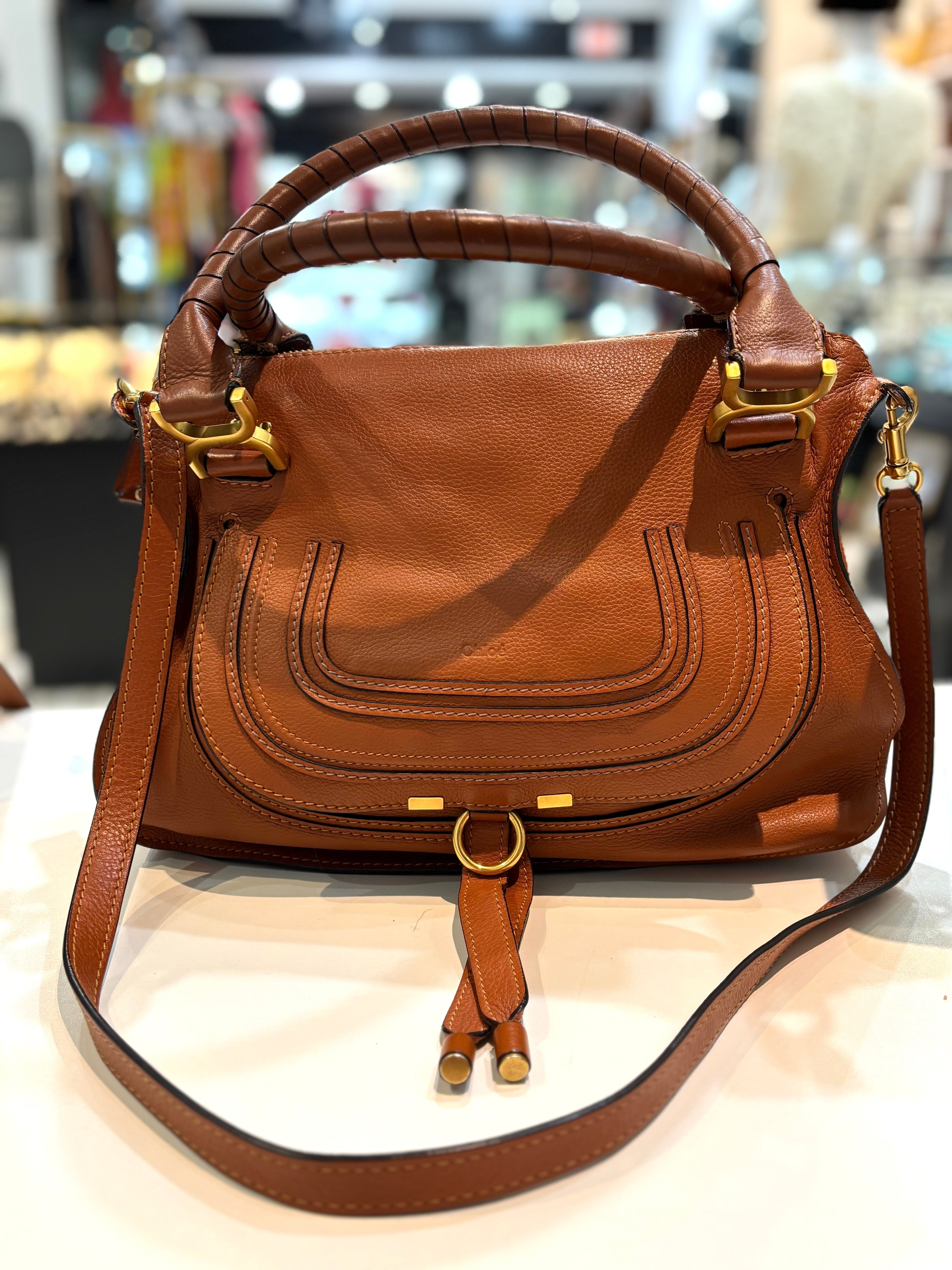 CHLOÉ MEDIUM MARCIE CALFSKIN LEATHER BAG IN TAN