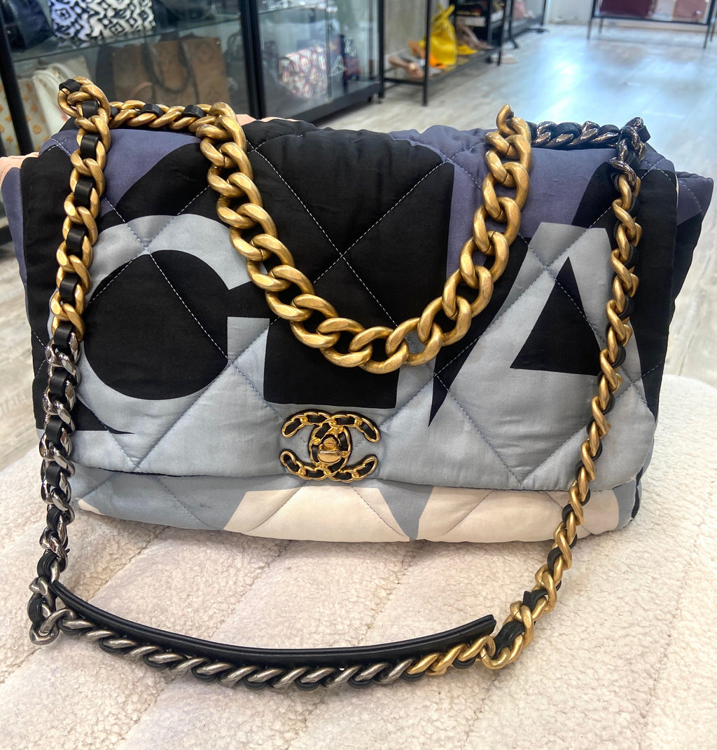 CHANEL CC QUILTED PRINTED SILK MAXI 19 FLAP BAG