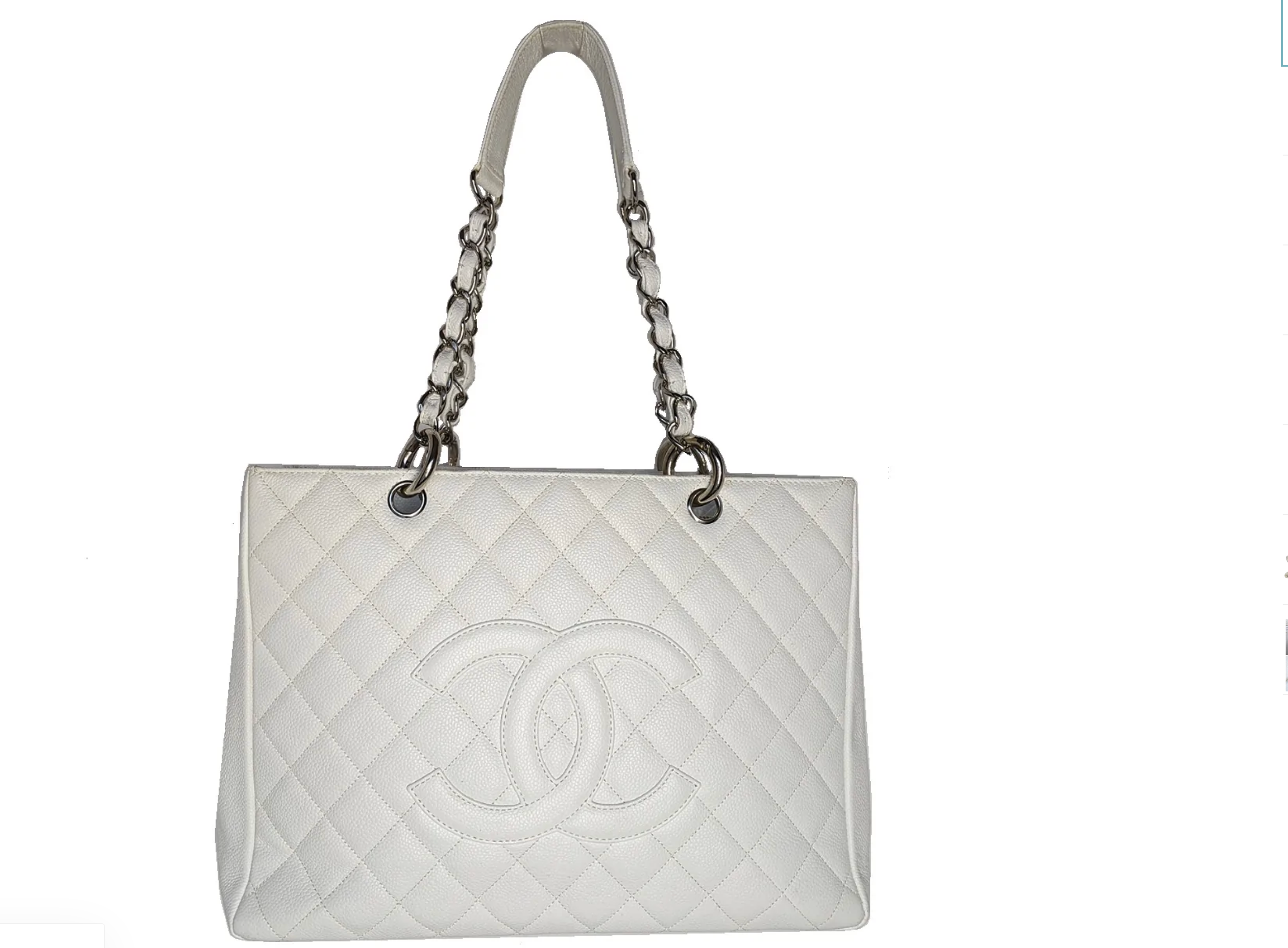 CHANEL WHITE QUILTED CAVIAR GRAND SHOPPER TOTE BAG