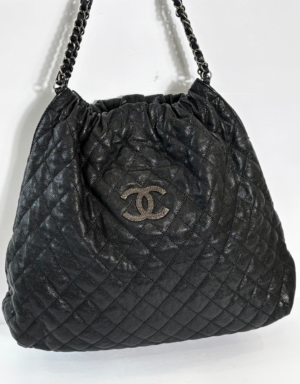 CHANEL GLAZED CAVIAR LEATHER QUILTED LARGE ELASTIC SHOULDER BAG