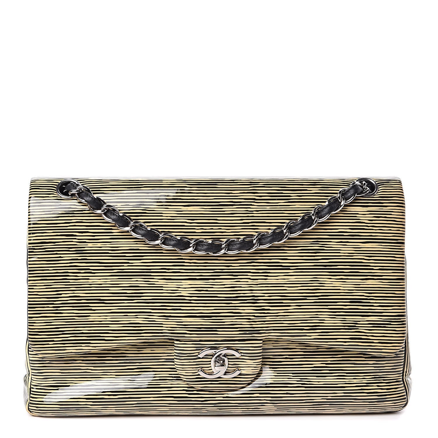 CHANEL Patent Calfskin Striped Jumbo Double Flap