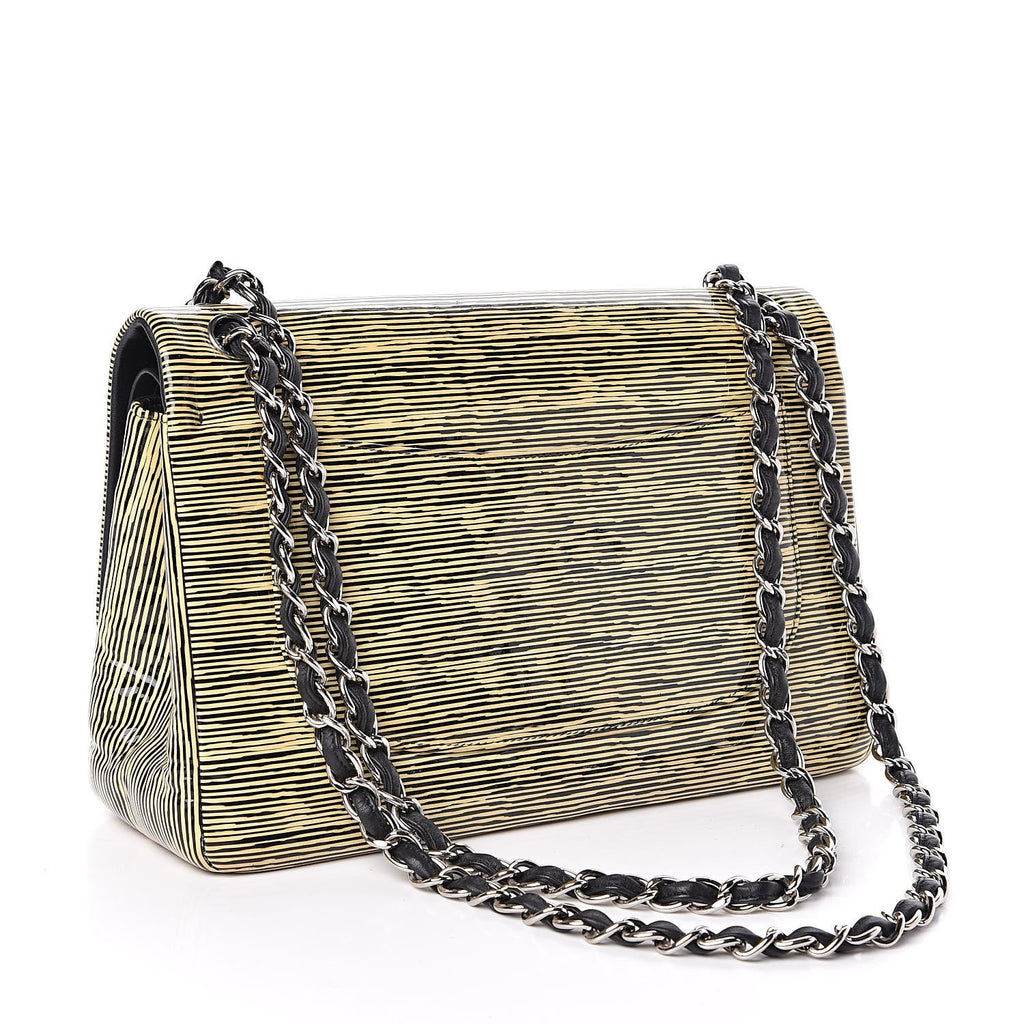 CHANEL Patent Calfskin Striped Jumbo Double Flap