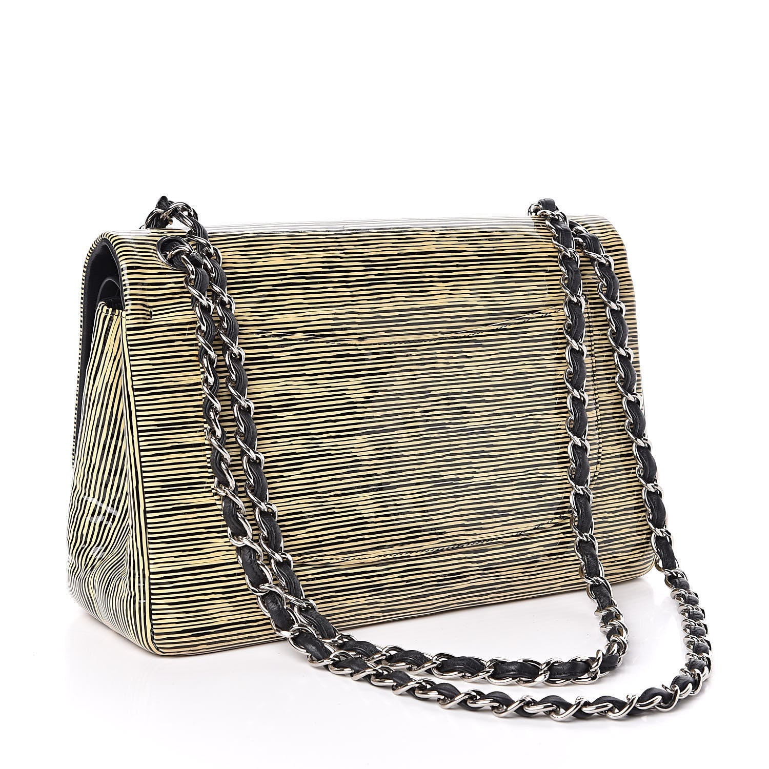 CHANEL Patent Calfskin Striped Jumbo Double Flap