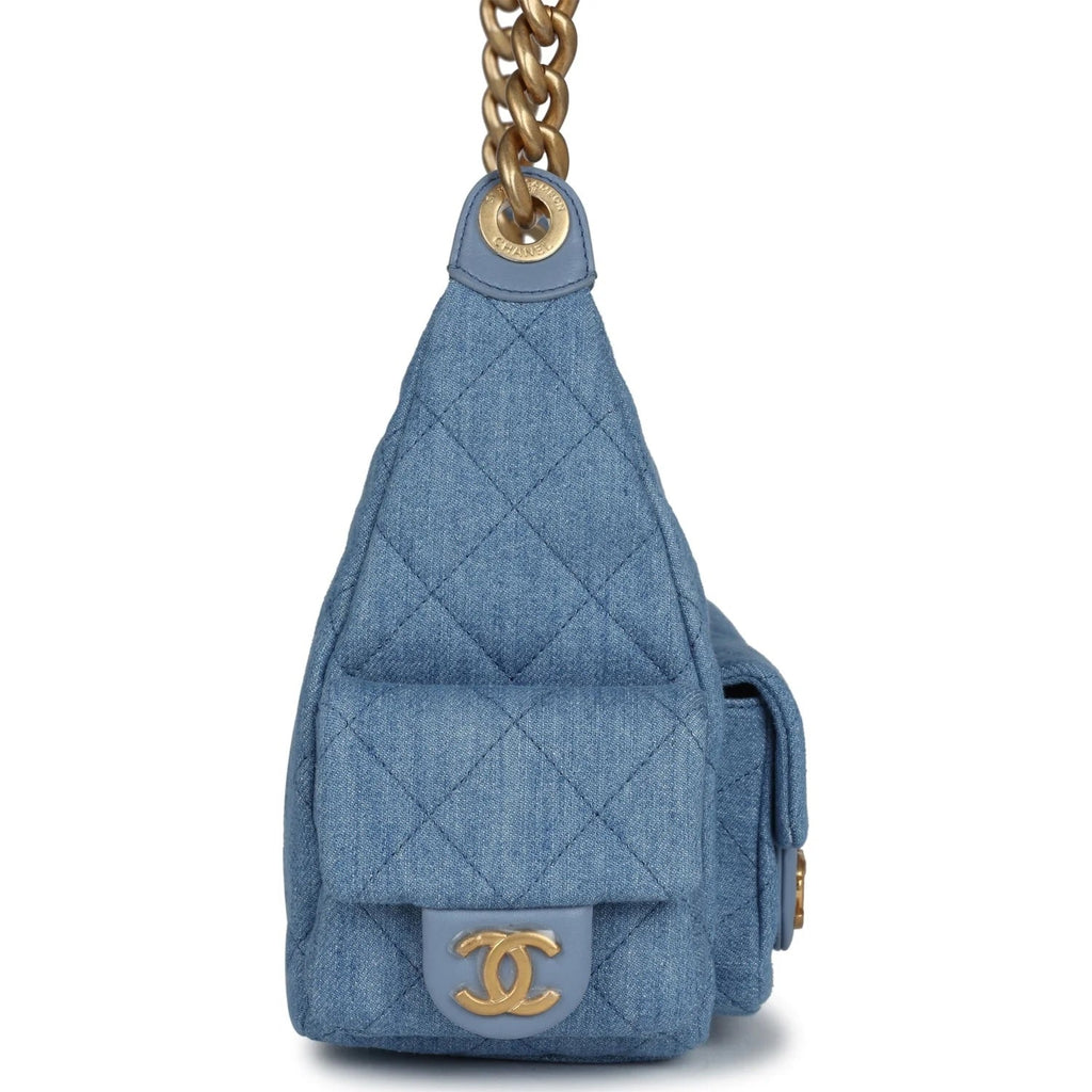 CHANEL LARGE CARGO QUILTED WASHED DENIM HOBO BAG