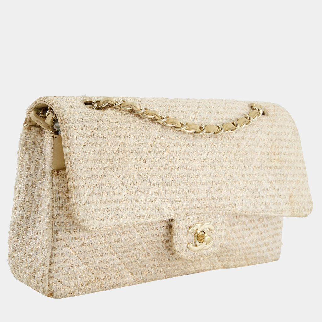 CHANEL CLASSIC DOUBLE FLAP TWEED IVORY GOLD CHAMPAGNE GOLD HARDWARE-HS