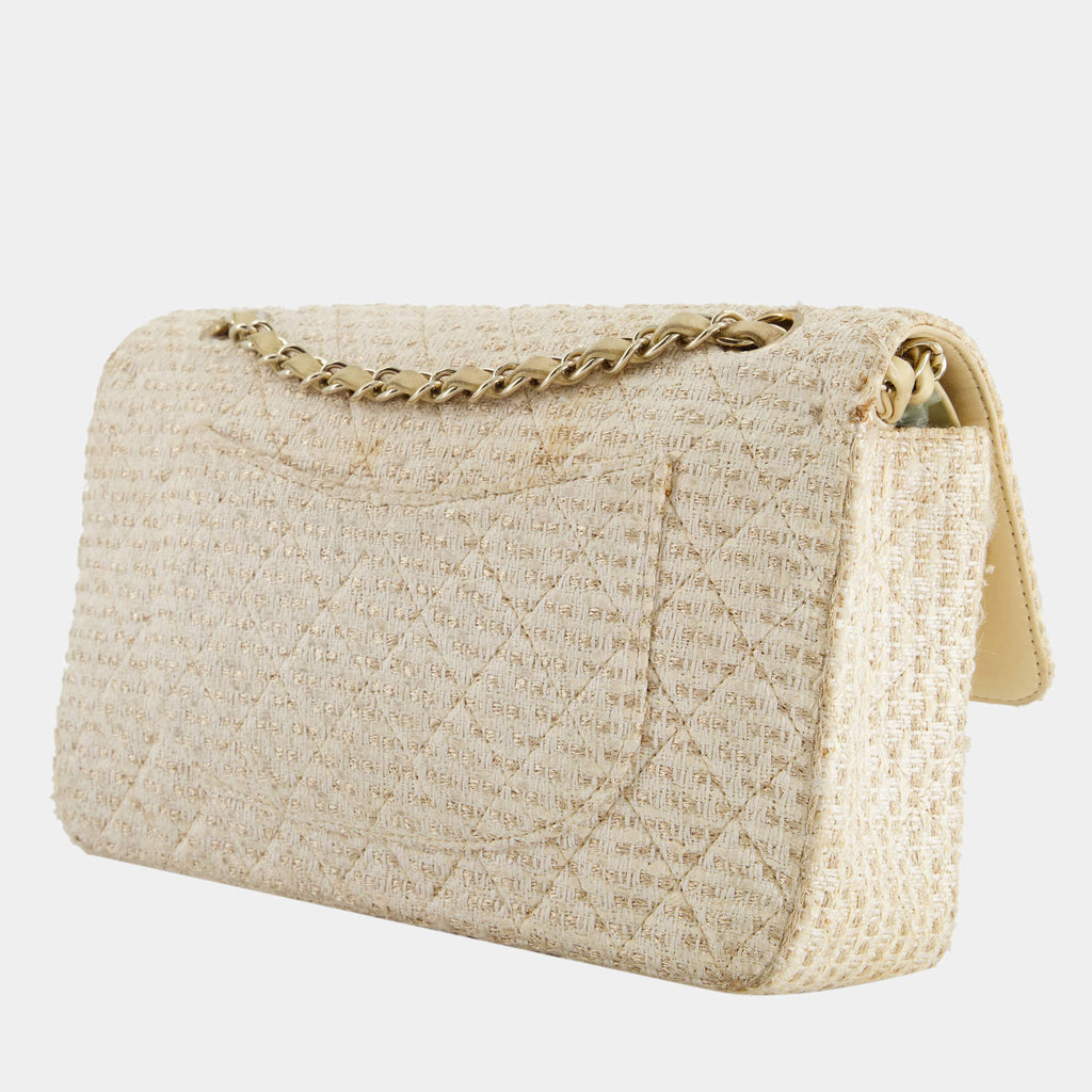 CHANEL CLASSIC DOUBLE FLAP TWEED IVORY GOLD CHAMPAGNE GOLD HARDWARE-HS