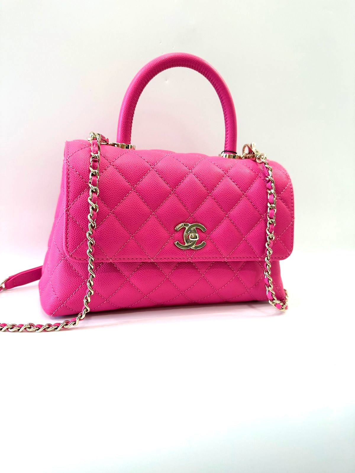 CHANEL CAVIAR QUILTED SMALL COCO HANDLE FLAP BAG IN PINK