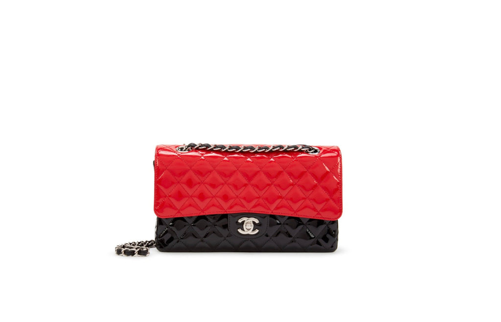 CHANEL QUILTED PATENT BI-COLOR MEDIUM CLASSIC DOUBLE FLAP BAG