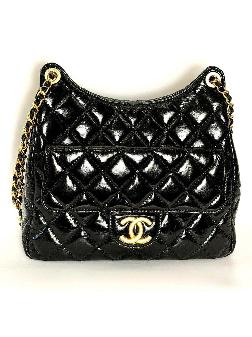 CHANEL CC SHINY CRUMPLED CALFSKIN QUILTED WAVY MEDIUM HOBO BAG