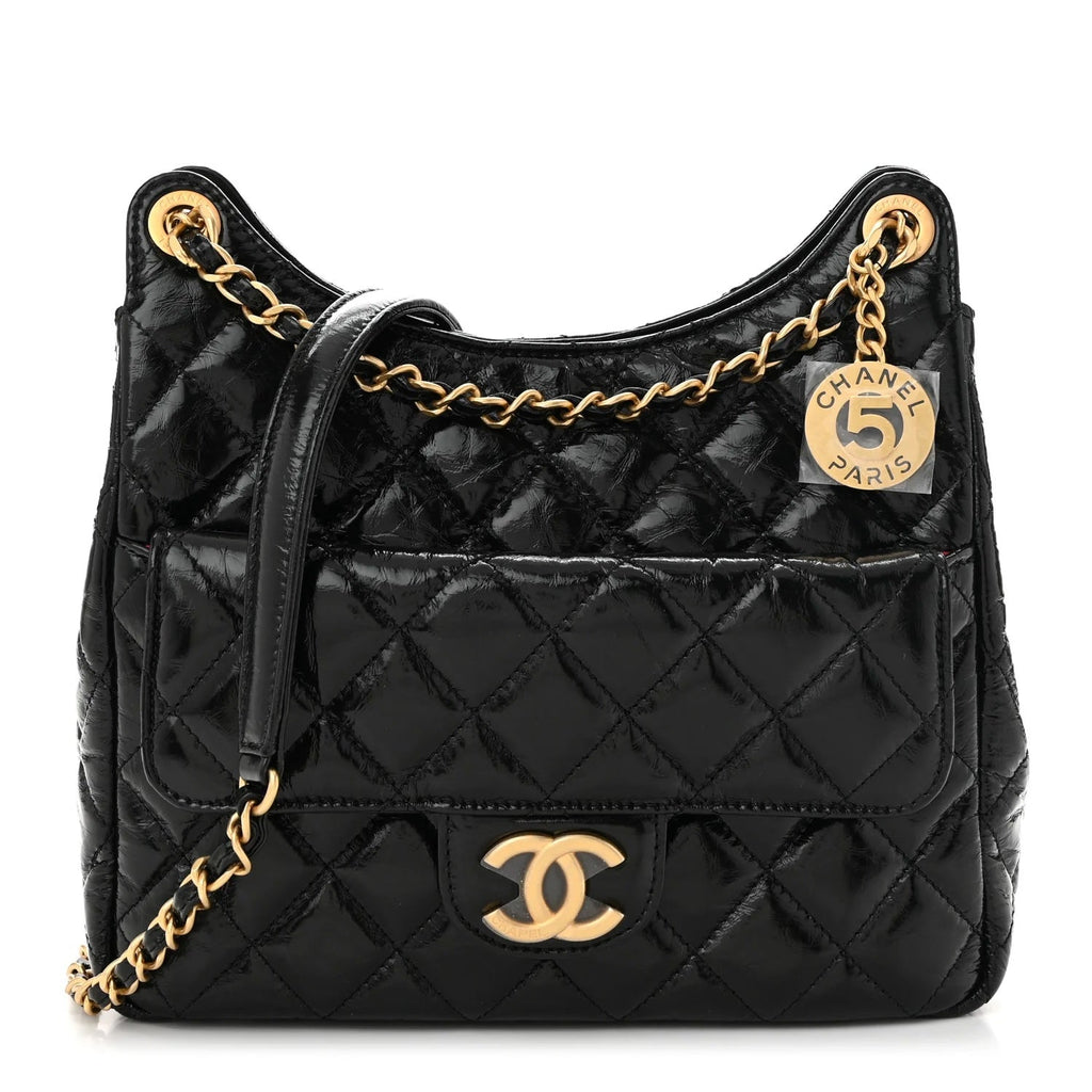 CHANEL CC SHINY CRUMPLED CALFSKIN QUILTED WAVY MEDIUM HOBO BAG