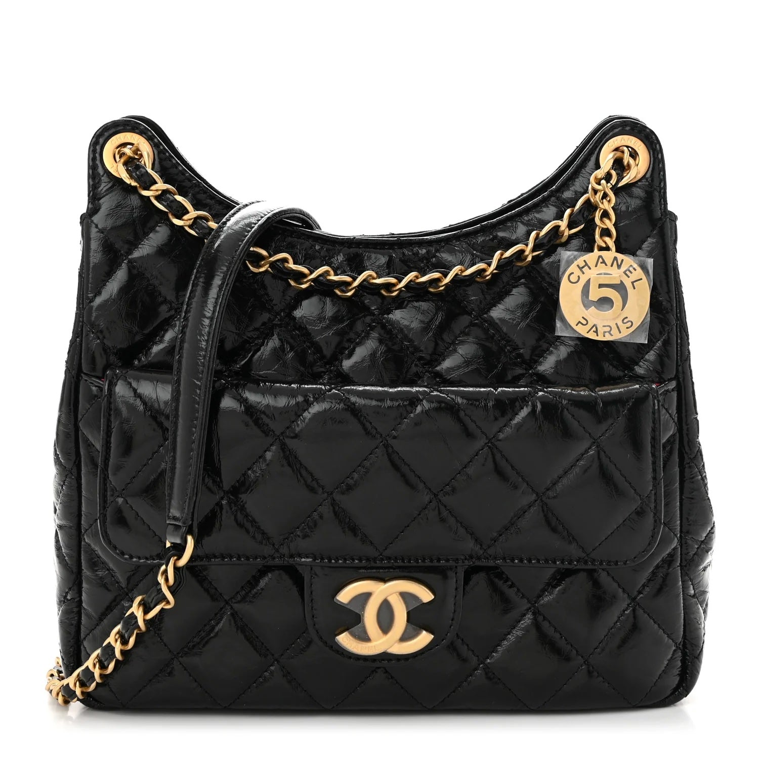 CHANEL CC SHINY CRUMPLED CALFSKIN QUILTED WAVY MEDIUM HOBO BAG