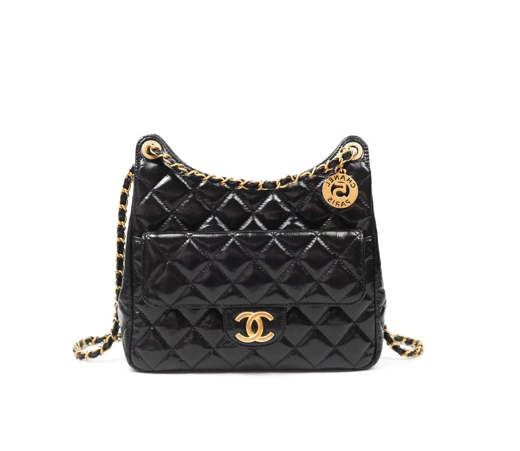 CHANEL CC SHINY CRUMPLED CALFSKIN QUILTED WAVY MEDIUM HOBO BAG