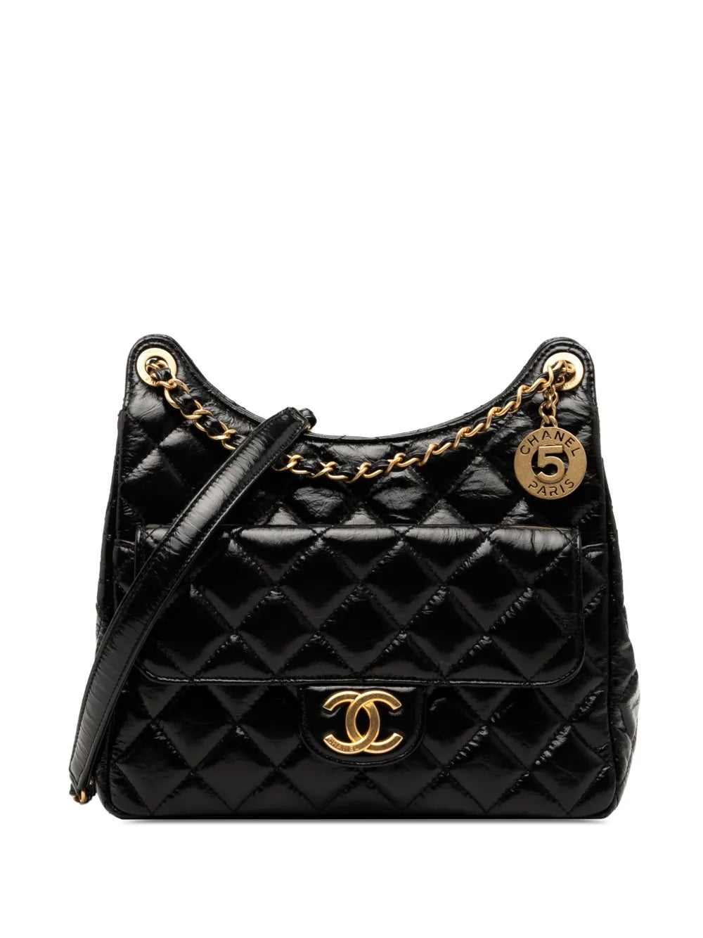 CHANEL CC SHINY CRUMPLED CALFSKIN QUILTED WAVY MEDIUM HOBO BAG