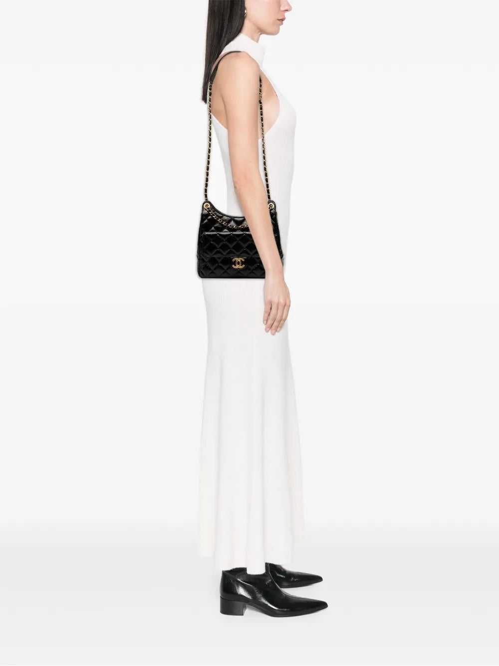 CHANEL CC SHINY CRUMPLED CALFSKIN QUILTED WAVY MEDIUM HOBO BAG