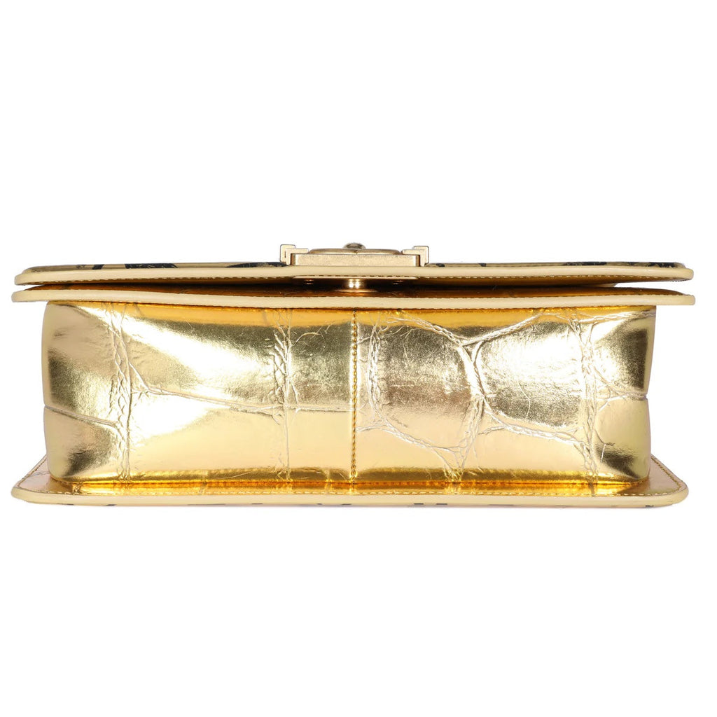 CHANEL SMALL METALLIC CALFSKIN CROC EMBOSSED PRINTED GOLD BOY BAG