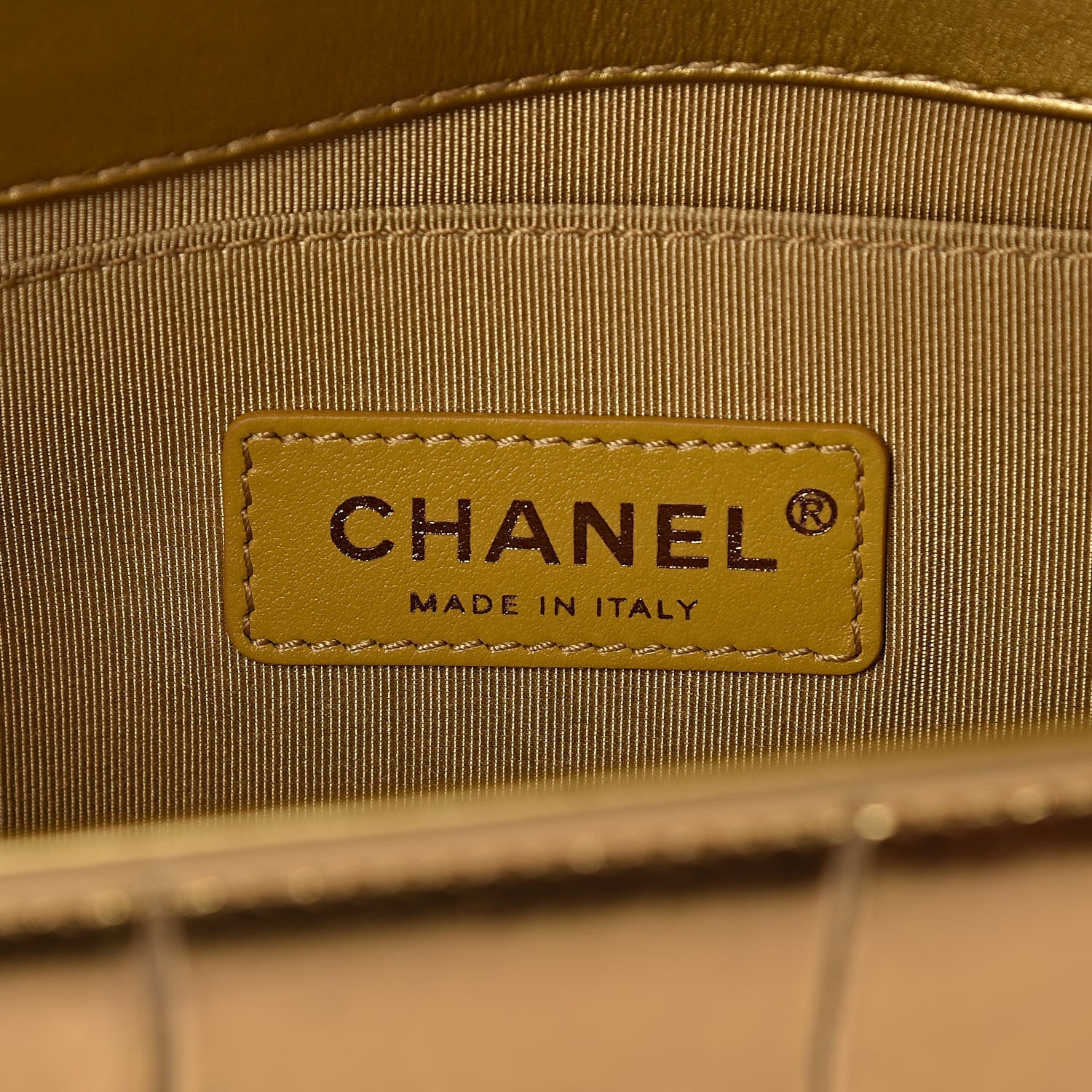 CHANEL SMALL METALLIC CALFSKIN CROC EMBOSSED PRINTED GOLD BOY BAG