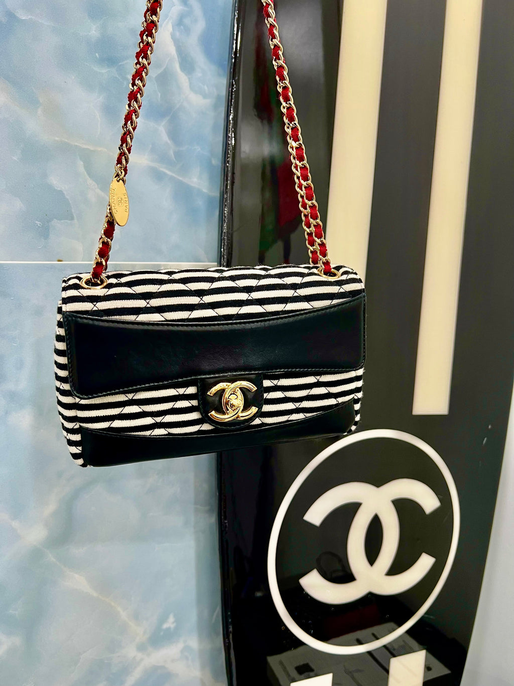 CHANEL STRIPED JERSEY LAMBSKIN COCO SAILOR SMALL BAG