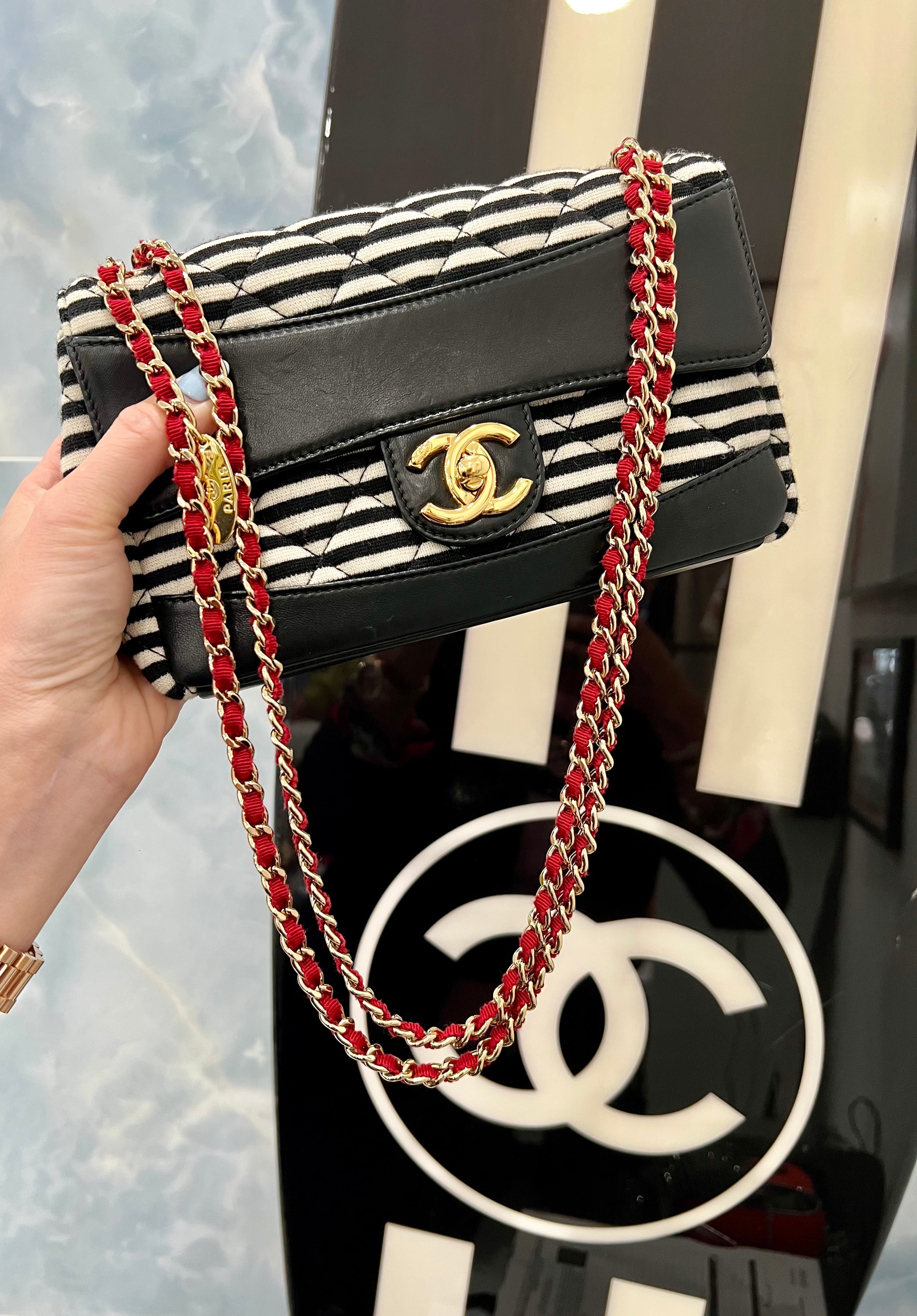 CHANEL STRIPED JERSEY LAMBSKIN COCO SAILOR SMALL BAG
