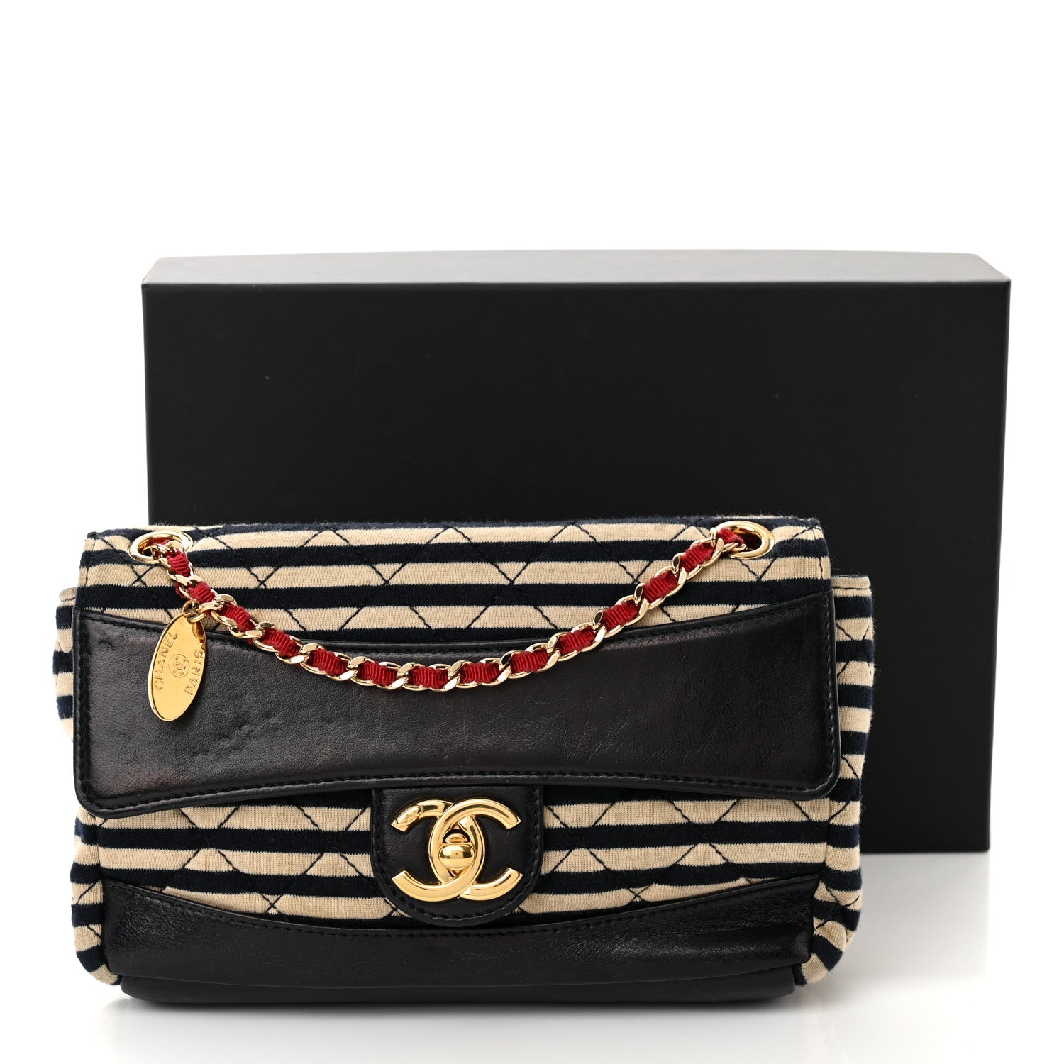 CHANEL STRIPED JERSEY LAMBSKIN COCO SAILOR SMALL BAG