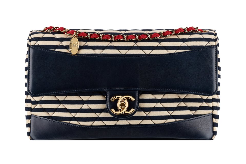 CHANEL STRIPED JERSEY LAMBSKIN COCO SAILOR SMALL BAG