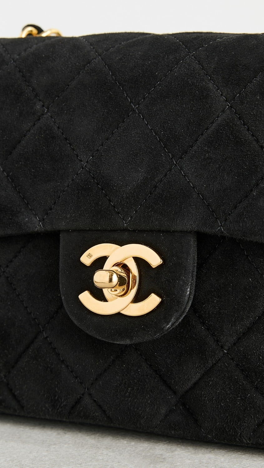 CHANEL QUILTED SUEDE SQUARE CLASSIC VINTAGE SINGLE FLAP BAG