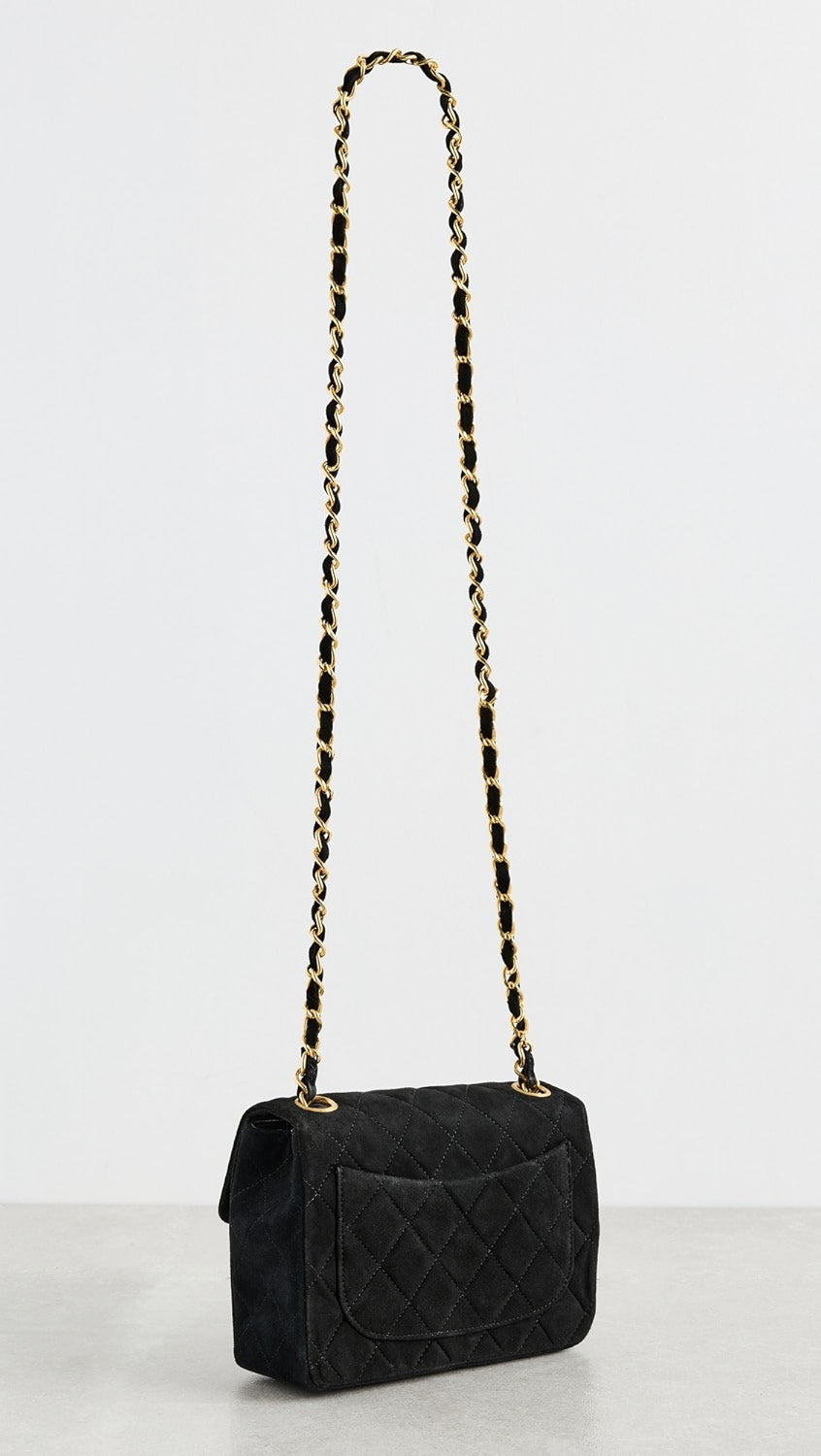 CHANEL QUILTED SUEDE SQUARE CLASSIC VINTAGE SINGLE FLAP BAG