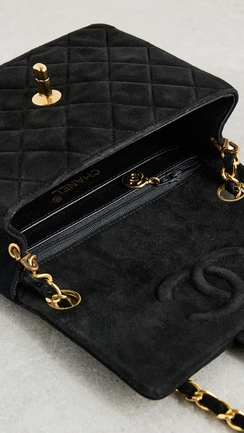 CHANEL QUILTED SUEDE SQUARE CLASSIC VINTAGE SINGLE FLAP BAG