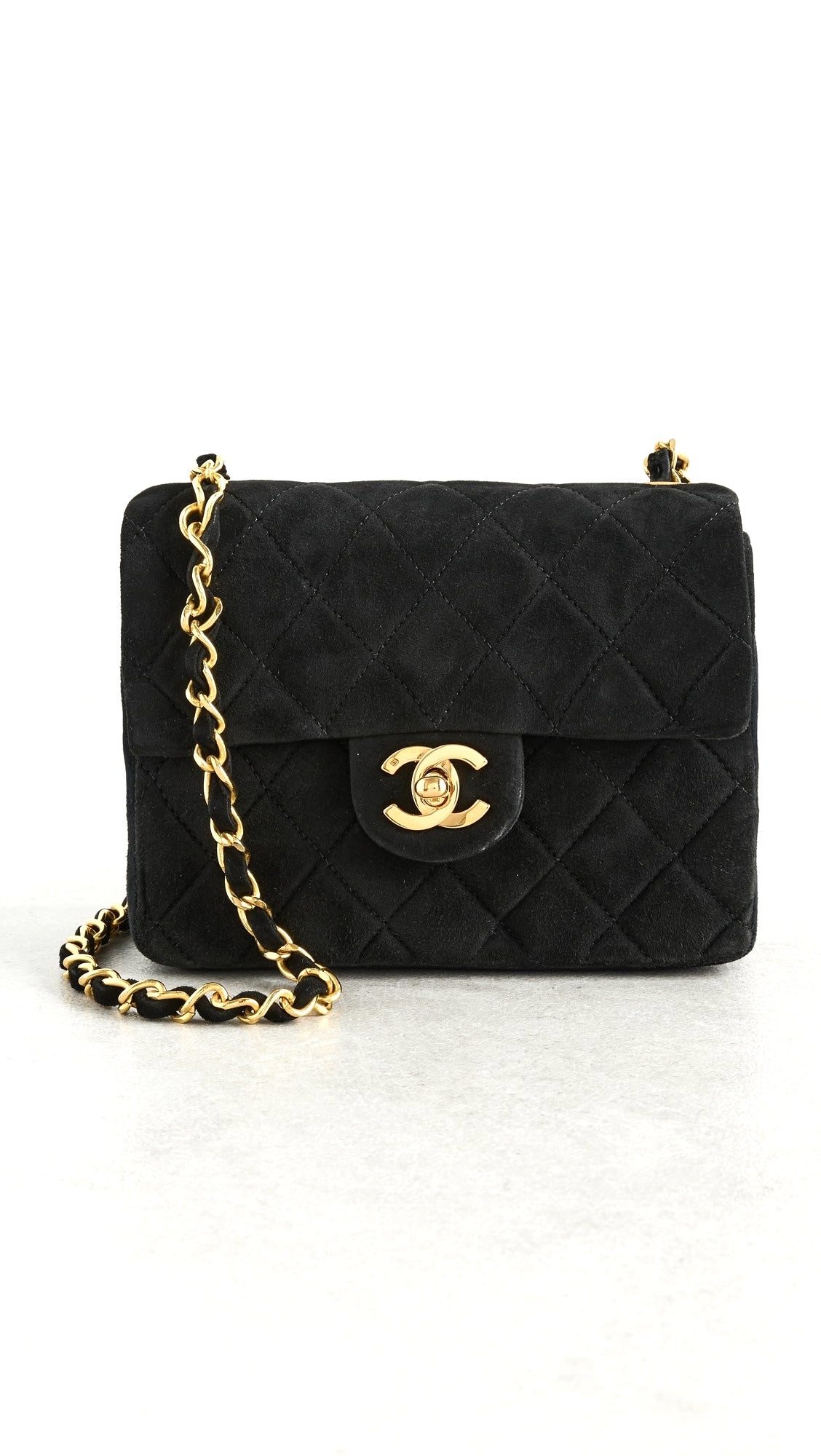 CHANEL QUILTED SUEDE SQUARE CLASSIC VINTAGE SINGLE FLAP BAG