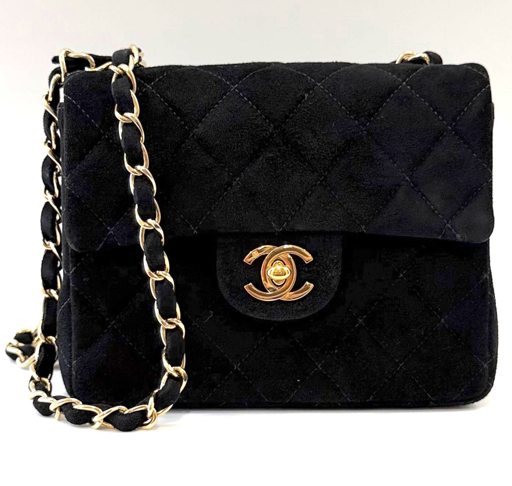 CHANEL QUILTED SUEDE SQUARE CLASSIC VINTAGE SINGLE FLAP BAG